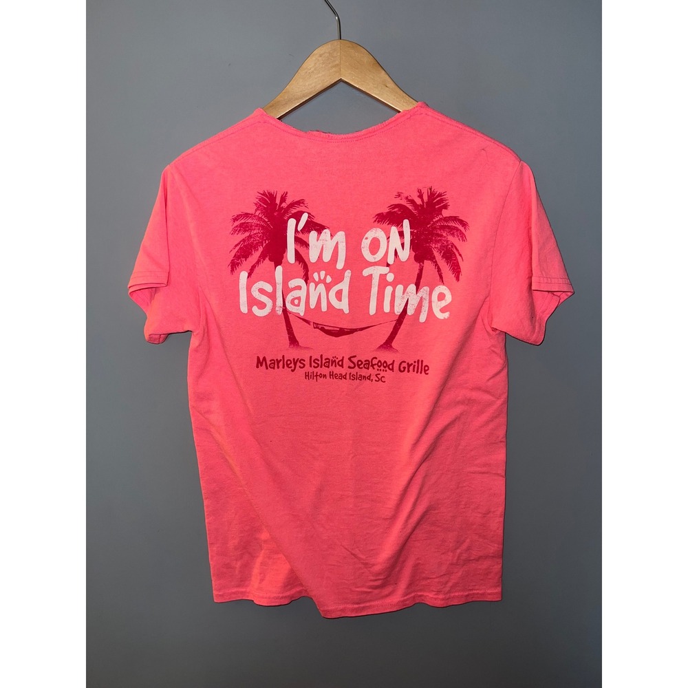Marleys Island Seafood Grille Hilton Head Neon Pink Graphic T-Shirt Island Time